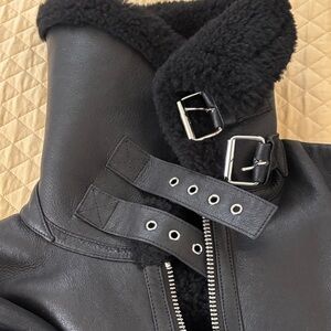 Theory Black Leather Jacket with Shearling Trim